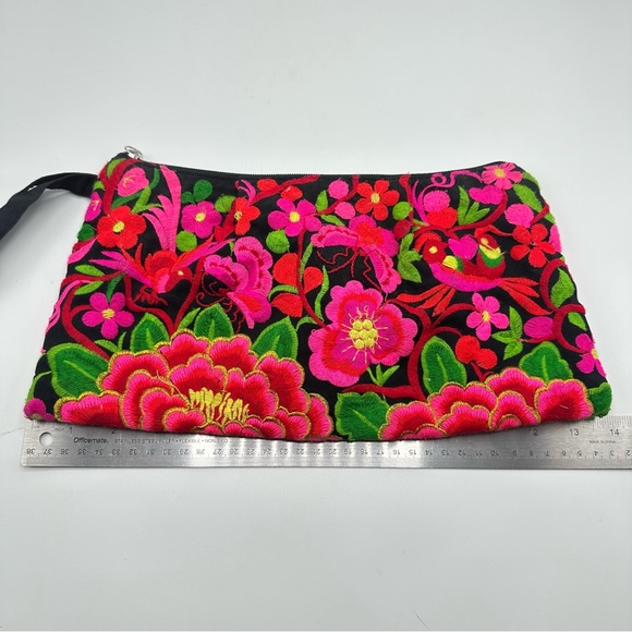 Embroidered Tropical Floral Bird Clutch Makeup Bag Travel Pouch Boho Colorful - Picture 11 of 12